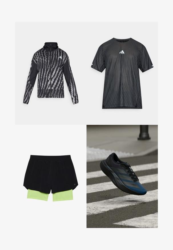 Lehká černá bunda s geometrickým bílým vzorem. Obsahuje vysoký límec, celoplošný zip a dlouhé rukávy.; Černé sportovní tričko s krátkými rukávy, které má texturovaný diagonální proužkovaný vzor a bílé logo Adidas na hrudi a rukávech.; Černé sportovní šortky s elastickým pasem, které mají připojené světlé zelené vnitřní šortky. Hladká tkanina a volný design.; Černá a modrá sportovní obuv s aerodynamickým designem, s texturovaným svrškem, kontrastními pruhy a polstrovanou podešví, visící nad chodníkem.