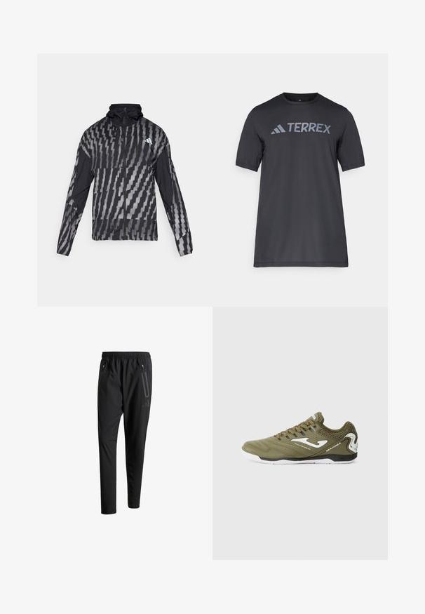 Lagani crni jakna s geometrijskim bijelim uzorkom. Ima visoki ovratnik, puni zip sprijeda i dugačke rukave.; Crna majica kratkih rukava od lagane tkanine, koja ima svijetlosivu oznaku "TERREX" preko prsa i okrugli izrez.; Crne atletske hlače s elastičnim pojasom, dva bočna džepa sa zatvaračem, suženi nogavici i diskretnim logotipom na kuku.; Maslinasto zelena atletska cipela s bijelim akcentima, gornji dio od teksturirane kože, podstavljeni ovratnik i gumeni potplat. Sadrži logo sa strane.
