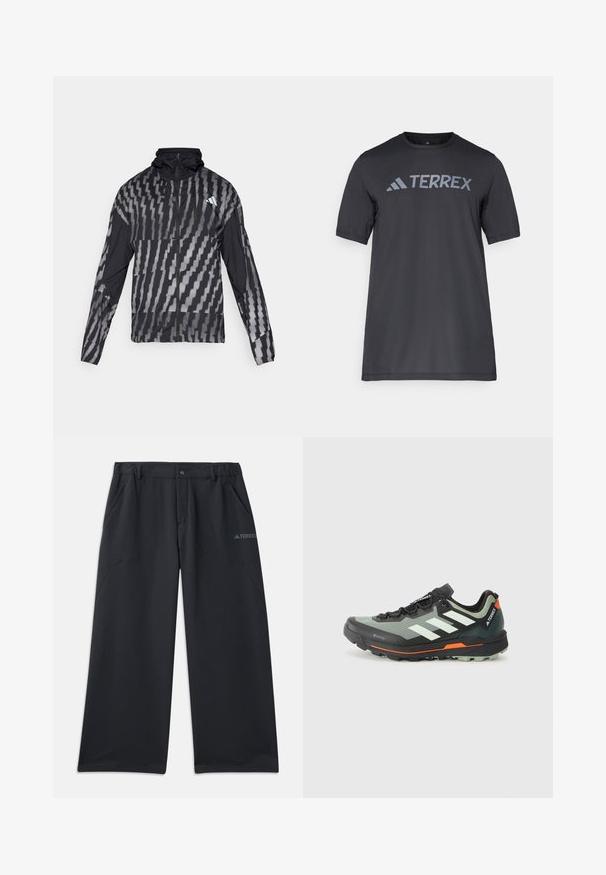 Ľahká čierna bunda s geometrickým bielym vzorom. Obsahuje vysoký golier, plný zips na prednej strane a dlhé rukávy.; Čierne tričko s krátkym rukávom vyrobené z ľahkého materiálu, s svetlo šedým logom "TERREX" na hrudi a klasickým výstrihom.; Čierne vonkajšie nohavice s voľným strihom, vybavené dvoma bočnými vreckami a zapínaním na gombík. Vyrobené z odolného, ľahkého materiálu.; Ľahká trailová bežecká obuv s šedou a čiernou sieťovinou, oranžovými akcentmi a robustnou podrážkou pre trakciu. Nepremokavé Gore-Tex podšívka.