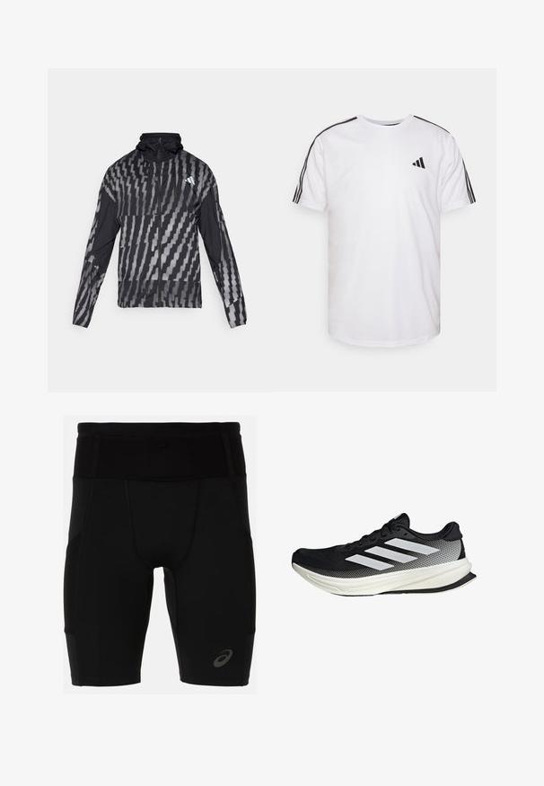 Lagani crni jakna s geometrijskim bijelim uzorkom. Ima visoki ovratnik, puni zip sprijeda i dugačke rukave.; Bijela majica izrađena od pamuka, s okruglim izrezom, kratkim rukavima i crnim trostrukim detaljima na ramenima; sadrži mali crni logo.; Crne atletske kratke hlače s uskim dizajnom, izrađene od glatkog materijala. Imaju visoki pojas i mali logo na donjem lijevom dijelu nogavice.; Crna atletska cipela s mrežastim dizajnom, koja ima bijele pruge, zaobljeni vrh i teksturiranu potplate za prianjanje i potporu.