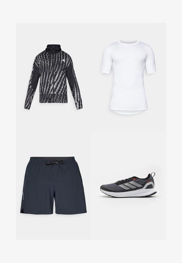Lätt svart jacka med ett geometriskt vitt mönster. Har hög krage, full dragkedja framtill och långa ärmar.; Vitt kortärmad prestationsskjorta tillverkad av stretchmaterial. Har rund hals och platta sömmar för komfort samt en figursydd design.; Marina blå sportshorts i lättviktig tyg, med elastisk midja, dragsko och sidoklyftor för ökad rörelsefrihet.; Löparskor i svart med grå accenter. Har en strukturerad ovandel, stabil sula och reflexstripes. Lättviktig design med en dämpad mellansula.
