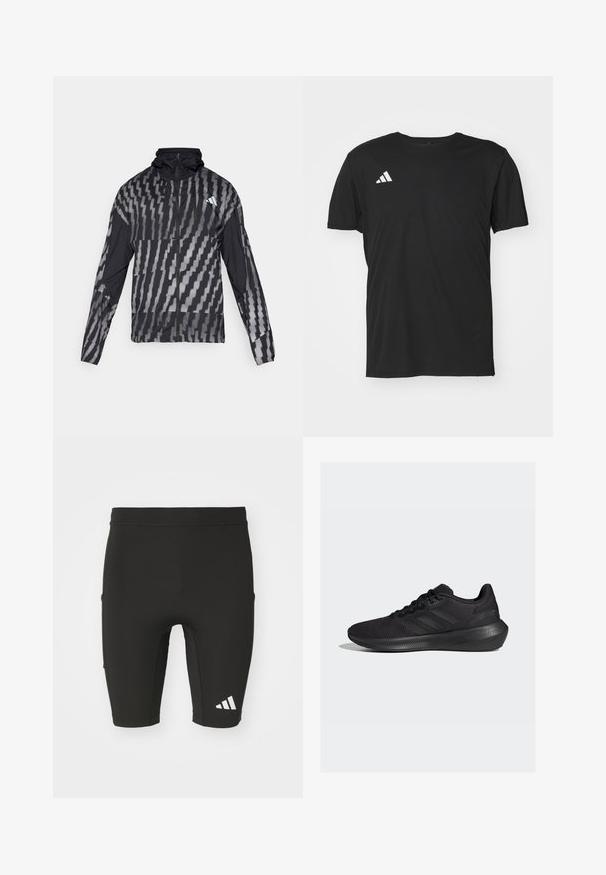 Lengvas juodas švarkas su geometriniu baltu raštu. Su aukšta apykakle, pilnu užtrauktuku ir ilgomis rankovėmis.; Juodasis sportinis marškinėliai, pagaminti iš lengvos medžiagos, su trumpomis rankovėmis ir apvaliu kaklu. Baltas Adidas logotipas viršutiniame kairiajame kampe.; Juodi sportiniai šortai su prigludusia forma, pagaminti iš elastingos medžiagos. Turi tris kišenes ir baltą Adidas logotipą ant apatinės kojos.; adidas Performance RUNFALCON 3.0 - Bėgimo batai plentui - core black/carbon