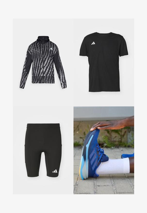 Veste noire légère avec un motif géométrique blanc. Comprend un col haut, une fermeture éclair sur le devant et des manches longues.; T-shirt de sport noir en tissu léger, avec des manches courtes et un col rond. Logo Adidas blanc sur le haut à gauche.; Shorts de sport noirs au design ajusté, fabriqués en tissu extensible. Comprennent trois poches et un logo Adidas blanc sur la jambe inférieure.; adidas Performance SUPERNOVA SOLUTION - Chaussures de running sur route - team royal blue/dark blue/blue burst