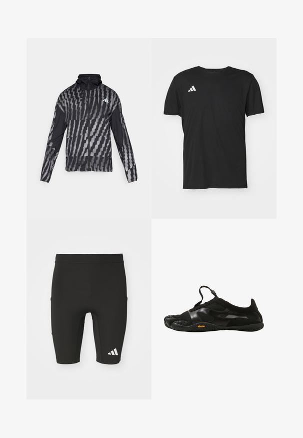 Giacca nera leggera con un motivo geometrico bianco. Include un colletto alto, zip frontale completa e maniche lunghe.; T-shirt sportivo nero realizzato in tessuto leggero, con maniche corte e scollatura rotonda. Logo Adidas bianco sulla parte superiore sinistra.; Pantaloni sportivi neri con un design aderente, realizzati in tessuto elasticizzato. Presentano tre tasche e un logo Adidas bianco sulla gamba inferiore.; Vibram Fivefingers KSO EVO - Scarpe da corsa su strada - black