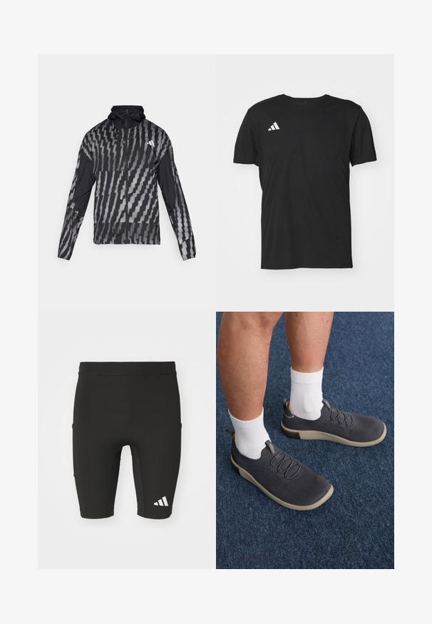 Kerge must jakk, millel on geomeetriline valge muster. Sisaldab kõrget kaelust, täispikkuse visiiri ning pikki varrukaid.; Must värvi sportlik t-särk, mis on valmistatud kergest kangast, lühikeste varrukatega ja ümmarguse kaelusega. Ülemisel vasakul küljel on valge Adidas'i logo.; Mustad mustrid spordiligid, mis on vooderdatud ja valmistatud venivast kangast. Omab kolme taskut ja valget Adidas logo alumises sääres.; Tumedate hallid, tekstiilist jooksujalatseid hingava pealsega, elastsete paeltega ja kerge kummitaldiga. Kantud valgete sokkidega sinisel vaibal.