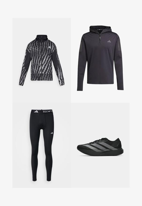 Lahka črna jakna s geometrijskim belim vzorcem. Ima visok ovratnik, poln zadrgo in dolge rokave.; Črna kapuca dolg rokav majica s pol zadrgo, narejena iz lahkega blaga, z deljenimi tremi vertikalnimi sivo-belimi črtami na vsaki rokavi.; Črne športne pajkice, prilegajoča zasnova, izdelane iz gladkega, raztegljivega materiala. Imajo pas z oznako "TECHFIT" in belimi logotipskimi poudarki.; Crne atletske čevlje z lahkotno zasnovo, ki imajo tri izrazite sive črte, gladko teksturo in oblikovano podplat.