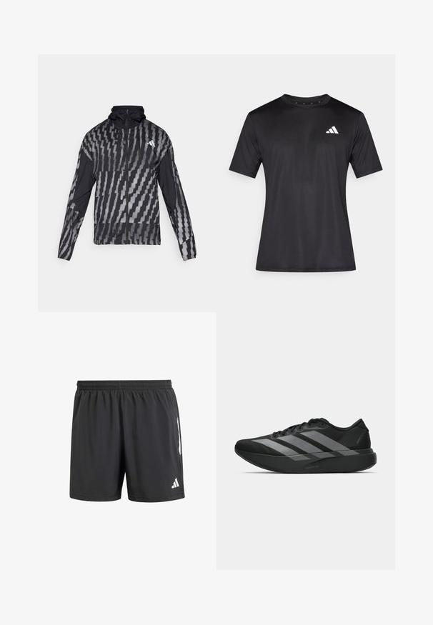 Chaqueta negra ligera con un patrón geométrico blanco. Incluye un alto cuello, cierre frontal completo y mangas largas.; Camiseta deportiva negra hecha de tela de malla ligera, con mangas cortas y un logo blanco en la parte izquierda del pecho.; Pantalones cortos deportivos negros con cintura elástica, tiro corto y acentos de logo blanco en los lados. Hechos de una tela ligera.; Zapatillas deportivas negras con un diseño ligero, que presentan tres franjas grises prominentes, una textura suave y una suela contorneada.