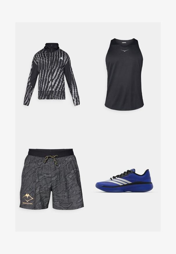 Lettet sort jakke med et geometrisk hvidt mønster. Inkluderer en høj krave, fuld lynlås fortil og lange ærmer.; Sort ærmeløs atletisk tanktop lavet af åndbart stof, med rund halsudskæring og reflekterende logo-detalje på brystet.; Sorte shorts med et tekstureret mønster af grå bølger og prikkede accenter. Har en sort elastisk talje med en gul snor og logo.; adidas Performance ADIZERO SELECT 3.0 - Basketsko - lucid blue/core black/metallic