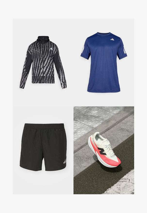 Casaco preto leve com um padrão geométrico branco. Inclui colarinho alto, fecho éclair frontal completo e mangas longas.; Camisola atlética de manga curta azul marinho, feita de tecido suave, com decote redondo e um detalhe do logótipo branco na parte superior esquerda do peito.; Calças de desporto pretas com cintura elástica, rachas laterais e detalhes reflectores no logótipo. Feitas de um tecido leve e suave.; Sapato de corrida leve com um upper em creme, detalhes em rosa e um logótipo preto. Apresenta uma forma aerodinâmica e sola texturizada para tração.