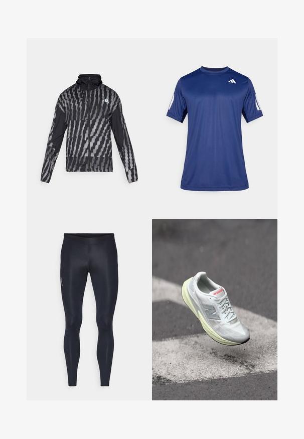 Viegls melns jaka ar ģeometrisku baltu rakstu. Iekļauj augstu apkakli, pilnu rāvējslēdzēju priekšpusi un garas piedurknes.; Navy zila īsām piedurknēm sporta krekls, kas izgatavots no gludas auduma, ar apaļu kakla izgriezumu un baltu logotipa detaļu kreisajā augšējā krūtīs.; Legingi, kas izgatavoti no elastīga, viegla auduma, vienkrāsaini melnā krāsā. Iezīmes: gluda virsma, pieguļoša konstrukcija un elastīga josta.; Viegls skriešanas apavs ar baltu tīkla augšdaļu, dzeltenu starpsienu un pelēkiem akcentiem. Iezīmējas ar izteiktu 'N' logotipu un teksturētu virsmu.