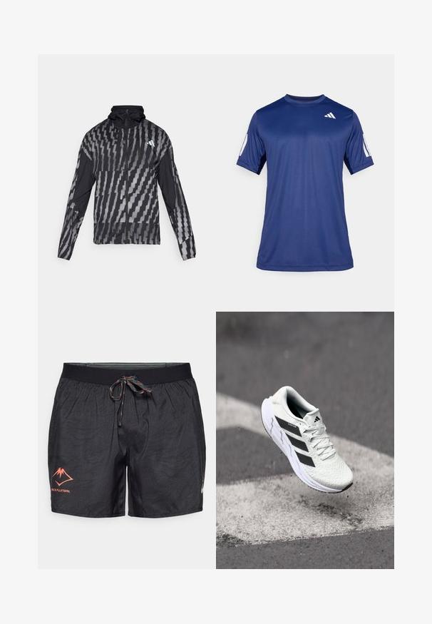 Lettet sort jakke med et geometrisk hvidt mønster. Inkluderer en høj krave, fuld lynlås fortil og lange ærmer.; Marineblå kortærmet træningsskjorte lavet af glat stof, med rund hals og en hvid logo detalje på øverste venstre bryst.; Sorte atletiske shorts i et letvægts, tekstureret stof. Funktioner inkluderer en elastisk talje med en multikolorert snor og subtile mønstre.; Hvid atletisk sko med tekstureret netoverdel, sorte striber, snørebåndslukning og en polstret sål, som svæver over en markeret vejoverflade.