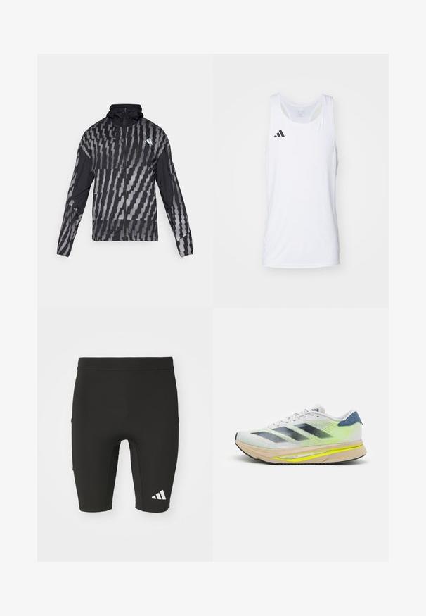 Lehká černá bunda s geometrickým bílým vzorem. Obsahuje vysoký límec, celoplošný zip a dlouhé rukávy.; Bílý bezrukávový sportovní top vyrobený z lehkého materiálu, s černým logem Adidas na levé hrudi a výstřihem ve tvaru lodi.; Černé sportovní kraťasy s přiléhavým střihem, vyrobené z elastického materiálu. Obsahují tři kapsy a bílé logo Adidas na dolní části nohy.; adidas Performance ADIZERO SL2 - Silniční běžecké boty - dash grey/core black/lucid lemon