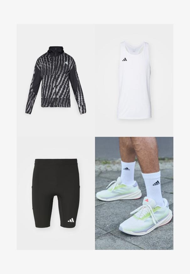 Lengvas juodas švarkas su geometriniu baltu raštu. Su aukšta apykakle, pilnu užtrauktuku ir ilgomis rankovėmis.; Balta be rankovių sportinė marškinėlių palaidinė, pagaminta iš lengvos medžiagos, su juodu Adidas logotipu kairėje krūtinės pusėje ir apvaliu kaklu.; Juodi sportiniai šortai su prigludusia forma, pagaminti iš elastingos medžiagos. Turi tris kišenes ir baltą Adidas logotipą ant apatinės kojos.; Balti tinkliniai sportbačiai su šviesiai žaliais ir levandų akcentais, turintys tekstūruotą paviršių ir raudoną pado dalį, derinami su baltais kojiniais.