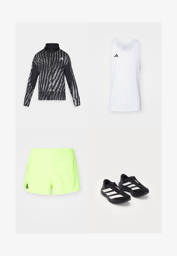 Lichte zwarte jas met een geometrisch wit patroon. Bevat een hoge kraag, volledige rits aan de voorkant en lange mouwen.; Witte mouwloze sport tanktop van lichtgewicht stof, met het zwarte Adidas-logo op de linkerborst en een ronde halslijn.; Neon gele sportshorts met een elastische tailleband, zijzakken en een zwart logo aan de onderkant links. Glad, lichtgewicht stof.; Een paar zwarte Adidas Adizero hardloopschoenen met witte strepen en veters op een witte achtergrond, zij aan zij gepositioneerd.