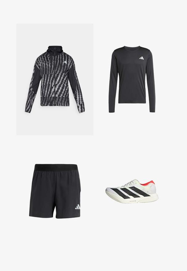 Ľahká čierna bunda s geometrickým bielym vzorom. Obsahuje vysoký golier, plný zips na prednej strane a dlhé rukávy.; Čierne športové tričko s dlhým rukávom vyrobené z hladkej, ľahkej látky, s malým bielym logom na ľavej hornej strane. Jednoduchý a priliehavý dizajn.; Čierne športové šortky s elastickým pásom, s hladkou textúrou a reflexným bielym logom na dolnej ľavej strane.; Biele športové topánky s čiernymi diagonálnymi pruhmi, červenými akcentmi na päte a textúrovaným zvrškom; obsahujú tlmenie LIGHTSTRIKE PRO.