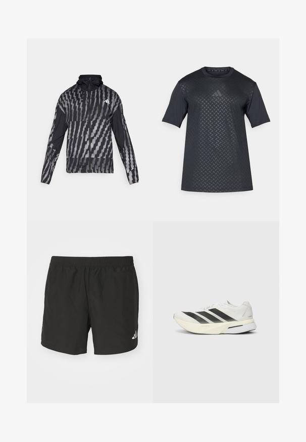 Lightweight black jacket featuring a geometric white pattern. Includes a high collar, full zip front, and long sleeves.; Black short-sleeve shirt featuring a textured geometric pattern on the front and a smooth back, made from lightweight, breathable material.; Black athletic shorts with an elastic waistband, side slits, and reflective logo accents. Made of lightweight, smooth fabric.; White athletic shoe with black stripes, lightweight mesh upper, rounded toe, and a cushioned sole labeled "Lightstrike Pro."