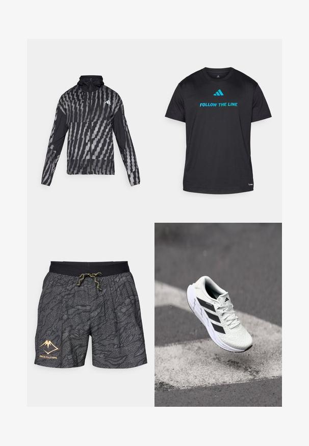 Lettet sort jakke med et geometrisk hvidt mønster. Inkluderer en høj krave, fuld lynlås fortil og lange ærmer.; Sort atletisk t-shirt lavet af letvægtsstof, med "FOLLOW THE LINE" i lys blå og et lille logo nær kanten.; Sorte shorts med et tekstureret mønster af grå bølger og prikkede accenter. Har en sort elastisk talje med en gul snor og logo.; Hvid atletisk sko med tekstureret netoverdel, sorte striber, snørebåndslukning og en polstret sål, som svæver over en markeret vejoverflade.