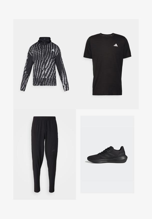 Lekka czarna kurtka z geometrycznym białym wzorem. Posiada wysoki kołnierz, pełny zamek z przodu i długie rękawy.; Czarna bawełniana koszulka z krótkim rękawem, okrągłym dekoltem i białym logo na lewej piersi. Gładka tekstura i prosty design.; Czarne spodnie sportowe z elastycznym pasem, zwężanym krojem, bocznymi kieszeniami i subtelnym logo. Wykonane z elastycznego, przewiewnego materiału.; adidas Performance RUN czarny