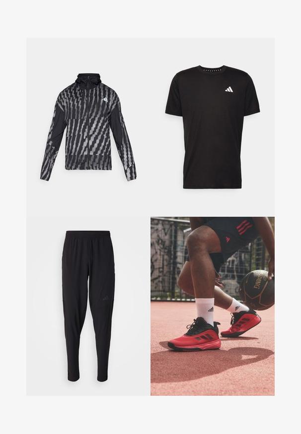 Casaco preto leve com um padrão geométrico branco. Inclui colarinho alto, fecho éclair frontal completo e mangas longas.; T-shirt de algodão preto com mangas curtas, decote redondo e um logo branco no lado esquerdo do peito. Textura suave e design simples.; Calças atléticas pretas com um cós elástico, design afunilado, bolsos laterais e detalhe discreto do logótipo. Feitas de um tecido flexível e respirável.; adidas Performance OWN THE GAME 3 - Sapatilhas de basquetebol - core black/red