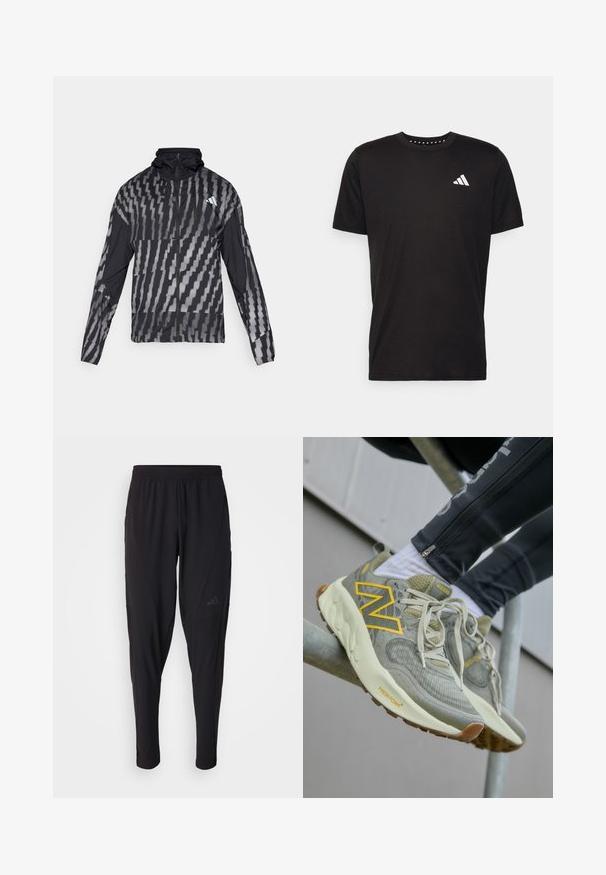 Leichte schwarze Jacke mit einem geometrischen weißen Muster. Enthält einen hohen Kragen, einen durchgehenden Reißverschluss und lange Ärmel.; Schwarzes Baumwoll-T-Shirt mit kurzen Ärmeln, Rundhalsausschnitt und einem weißen Logo auf der linken Brust. Glatte Textur und einfaches Design.; Schwarze Sporthosen mit elastischem Bund, tailliertem Design, Seitentaschen und dezenten Logo-Details. Hergestellt aus flexiblem, atmungsaktivem Material.; Hellgraue New Balance Sneaker mit einem gelben "N"-Logo, strukturiertem Mesh-Obermaterial, Schnürsystem und einer gepolsterten cremefarbenen Sohle. Brauner Außensohlenbereich.