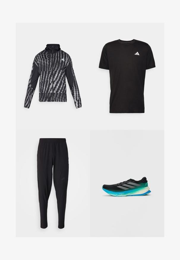 Kevyt musta takki, jossa on geometrinen valkoinen kuvio. Sisältää korkean kauluksen, täyden vetoketjun edessä ja pitkät hihat.; Musta puuvillapaita lyhyillä hihoilla, pyöreä pääntie ja valkoinen logo vasemmassa rinnassa. Sujuva rakenne ja yksinkertainen muotoilu.; Mustat urheiluhousut, joissa on joustava vyötärö, kapeneva malli, sivutaskut ja hillitty logoyksityiskohta. Valmistettu joustavasta ja hengittävästä kankaasta.; Mustan juoksukengän, jossa on liukuvärjätty akvasole, verkkopintainen yläosa ja kolme hopeista raitaa sivussa. Kevyt muotoilu, jossa on tekstuuripinta.