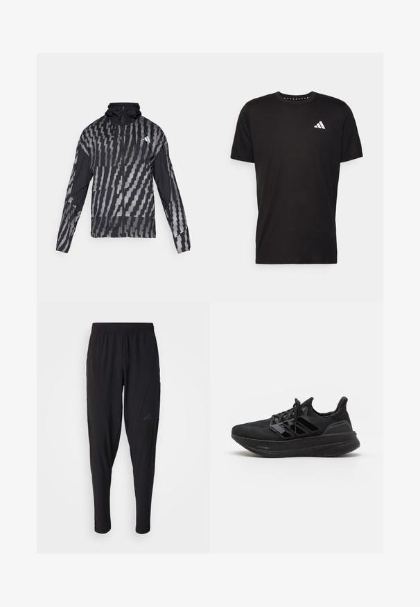 Kerge must jakk, millel on geomeetriline valge muster. Sisaldab kõrget kaelust, täispikkuse visiiri ning pikki varrukaid.; Must must ka t-särk lühikeste varrukatega, ümmarguse kaelusega ja valge logoga vasakul rinnal. Sile tekstuur ja lihtne disain.; Mustad mustat spordipüksid elastse vöökohtaga, kitseneva disaini, küljetaskute ja peene logodetailiga. Valmistatud paindlikust ja hingavast kangast.; Mustad mustat spordijalatsid tekstuuriga kudumülemiga, kolm läikivat triipu, kergest vahtmaterjalist tallaga ja tugevdatud kannaosaga. Omab paeltesüsteemi.
