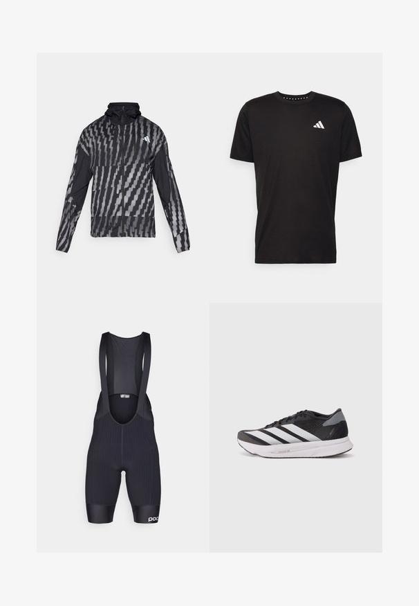 Lahka črna jakna s geometrijskim belim vzorcem. Ima visok ovratnik, poln zadrgo in dolge rokave.; Črna bombažna majica s kratkimi rokavi, okroglim izrezom in belim logotipom na levem prsnem predelu. Gladka tekstura in preprost dizajn.; Črne kolesarske kratke hlače z naramnicami, ki imajo tesen kroj, teksturirano tkanino, mrežasti zgornji del in logo na nogi. Struktura zasnove zagotavlja udobje.; Črne športne čevlje z belimi črtami, mrežastim zgornjim delom, oblazinjeno podplatom in teksturiranimi dodatki. Lahka zasnova za izboljšano učinkovitost.