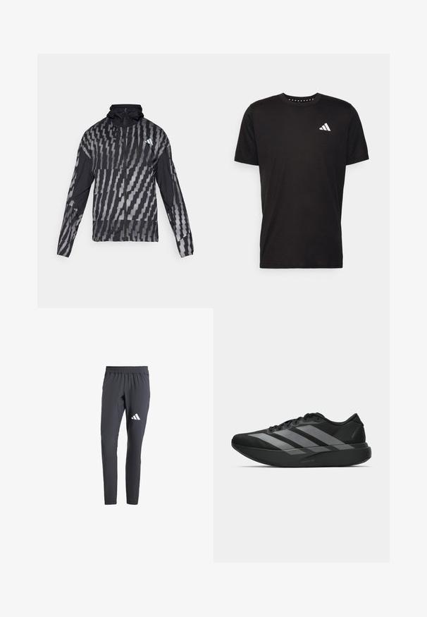 Viegls melns jaka ar ģeometrisku baltu rakstu. Iekļauj augstu apkakli, pilnu rāvējslēdzēju priekšpusi un garas piedurknes.; Melna kokvilnas t-krekls ar īsām piedurknēm, apaļu dekoltē un balto logo uz kreisā krūts. Gluda tekstūra un vienkāršs dizains.; Pelēki sporta bikses ar slaidu piegriezumu, elastīgu jostasvīru un baltu trīs svītru logo kreisajā augšstilbā. Izgatavotas no viegla auduma.; Melni sporta apavi ar vieglu dizainu, ar trim izteiksmīgiem pelēkiem svītrām, gludu virsmu un kontūrveida zoli.