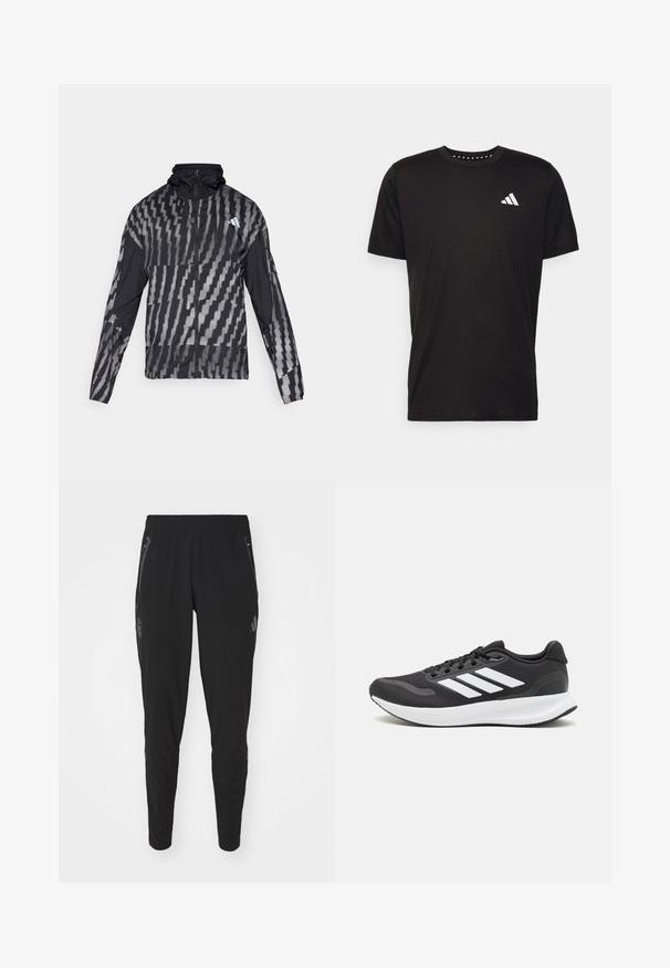 Lightweight black jacket featuring a geometric white pattern. Includes a high collar, full zip front, and long sleeves.; Black cotton t-shirt with short sleeves, crew neckline, and a white logo on the left chest. Smooth texture and simple design.; Black athletic pants with a tapered fit. Features include an elastic waistband, side zip pockets, and a logo on the left leg. Smooth texture.; Black athletic shoe with breathable mesh upper, white accents, and a cushioned sole. Features three stripes logo on the side.