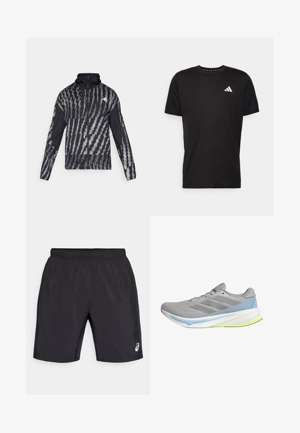 Lekka czarna kurtka z geometrycznym białym wzorem. Posiada wysoki kołnierz, pełny zamek z przodu i długie rękawy.; Czarna bawełniana koszulka z krótkim rękawem, okrągłym dekoltem i białym logo na lewej piersi. Gładka tekstura i prosty design.; Czarne sportowe szorty z elastycznym pasem. Gładka tekstura i logo na dolnej prawej stronie. Długość do kolan.; Lekki but biegowy w szarym meshu z niebieskimi i limonkowymi akcentami. Ma zakrzywioną podeszwę, teksturowany wzór oraz sześć oczek na sznurówki.