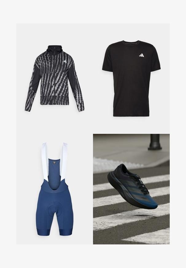 Lehká černá bunda s geometrickým bílým vzorem. Obsahuje vysoký límec, celoplošný zip a dlouhé rukávy.; Černé bavlněné tričko s krátkým rukávem, kulatým výstřihem a bílým logem na levé hrudi. Hladká textura a jednoduchý design.; Dámské cyklistické kraťasy v námořnické modré barvě s těsným střihem. Mají bílé elastické ramínka a polstrovaný sedák pro pohodlí. Hladká textura a aerodynamický design.; Černá a modrá sportovní obuv s aerodynamickým designem, s texturovaným svrškem, kontrastními pruhy a polstrovanou podešví, visící nad chodníkem.