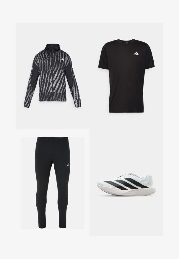 Casaco preto leve com um padrão geométrico branco. Inclui colarinho alto, fecho éclair frontal completo e mangas longas.; T-shirt de algodão preto com mangas curtas, decote redondo e um logo branco no lado esquerdo do peito. Textura suave e design simples.; ASICS ROAD WINTER - Leggings de corrida - performance black; Tênis de corrida leves em azul pálido com riscas pretas. Apresentam um cabedal liso, bico redondo e uma entressola espessa branca rotulada como "LIGHTSTRIKE PRO."