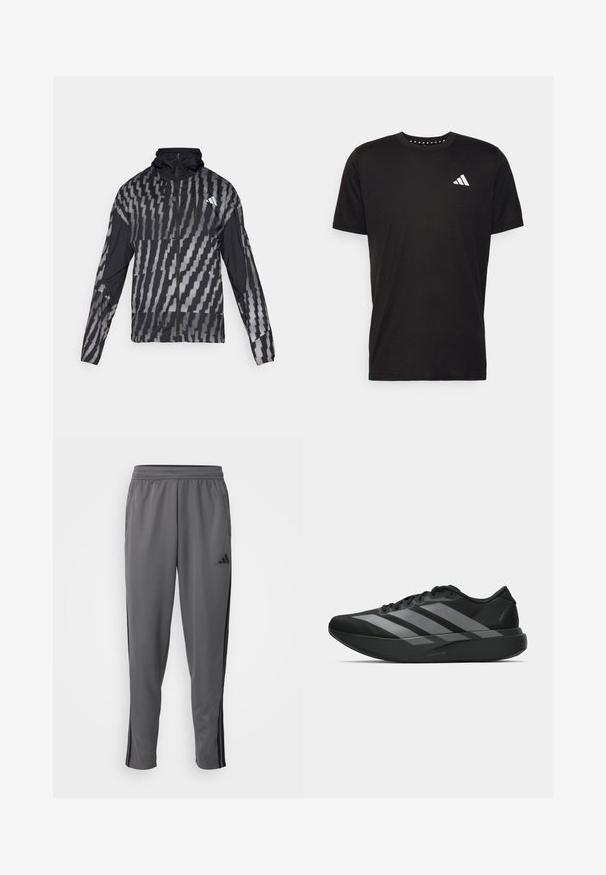 Lightweight black jacket featuring a geometric white pattern. Includes a high collar, full zip front, and long sleeves.; Black cotton t-shirt with short sleeves, crew neckline, and a white logo on the left chest. Smooth texture and simple design.; adidas Performance TRAIN ESSENTIALS 3-STRIPES - Tracksuit bottoms - grey five/black; Black athletic shoes with a lightweight design, featuring three prominent gray stripes, a smooth texture, and a contoured sole.