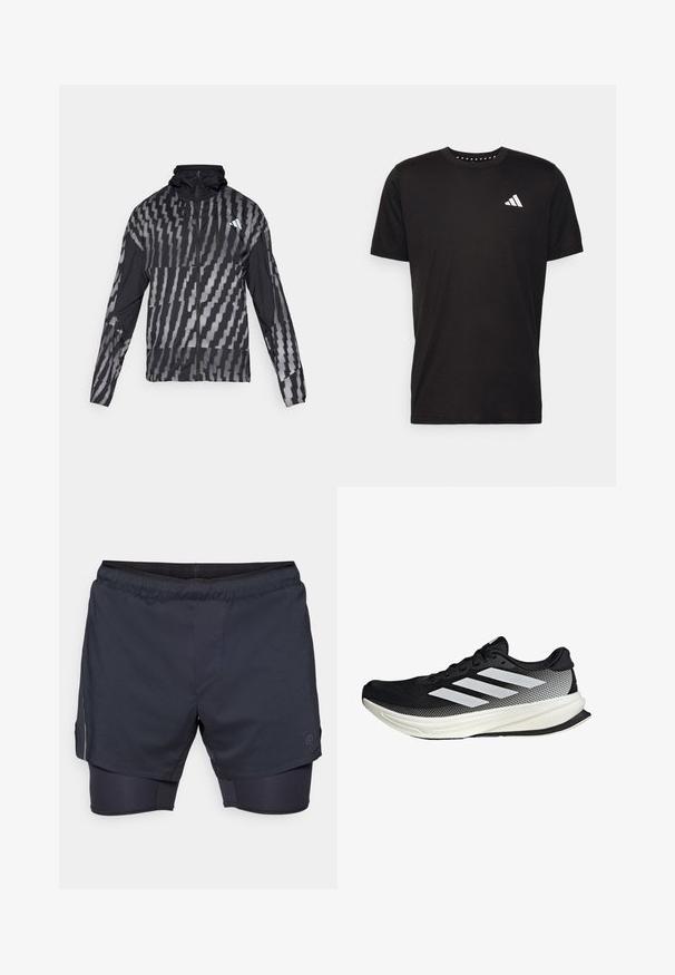 Lightweight black jacket featuring a geometric white pattern. Includes a high collar, full zip front, and long sleeves.; Black cotton t-shirt with short sleeves, crew neckline, and a white logo on the left chest. Smooth texture and simple design.; Men's athletic shorts in dark navy with an elastic waistband, layered design, and inner compression shorts. Features a side pocket and logo.; Black athletic shoe with a mesh design, featuring white stripes, a rounded toe, and a textured sole for grip and support.