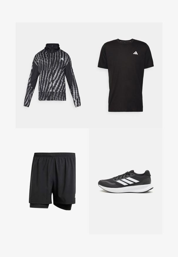 Lehká černá bunda s geometrickým bílým vzorem. Obsahuje vysoký límec, celoplošný zip a dlouhé rukávy.; Černé bavlněné tričko s krátkým rukávem, kulatým výstřihem a bílým logem na levé hrudi. Hladká textura a jednoduchý design.; Černé sportovní šortky s elastickým pasem, vnitřním podšíváním a malým logem na boku. Lehká tkanina a volný střih.; Černá sportovní obuv s prodyšným síťovaným svrškem, bílými akcenty a polstrovanou podrážkou. Na boku se nachází logo se třemi pruhy.