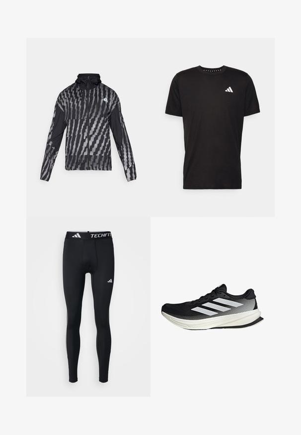 Lehká černá bunda s geometrickým bílým vzorem. Obsahuje vysoký límec, celoplošný zip a dlouhé rukávy.; Černé bavlněné tričko s krátkým rukávem, kulatým výstřihem a bílým logem na levé hrudi. Hladká textura a jednoduchý design.; Černé sportovní legíny, přiléhavý design, vyrobené z hladkého, elastického materiálu. Obsahují pas s nápisem "TECHFIT" a bílými logovými akcenty.; Černá sportovní boty s síťovaným designem, s bílými pruhy, zaoblenou špičkou a texturovanou podrážkou pro lepší přilnavost a oporu.
