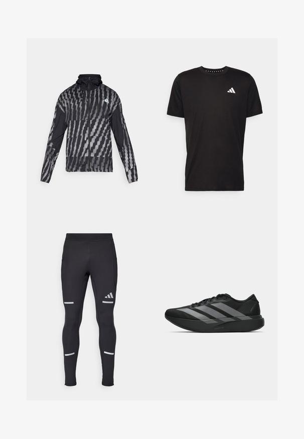 Giacca nera leggera con un motivo geometrico bianco. Include un colletto alto, zip frontale completa e maniche lunghe.; T-shirt in cotone nero con maniche corte, scollo rotondo e logo bianco sul lato sinistro del petto. Texture liscia e design semplice.; Leggings sportivi neri con un design aderente, realizzati in materiale elasticizzato. Presentano dettagli riflettenti e polsini con zip per maggiore funzionalità.; Scarpe sportive nere con un design leggero, caratterizzate da tre strisce grigie prominenti, una superficie liscia e una suola sagomata.