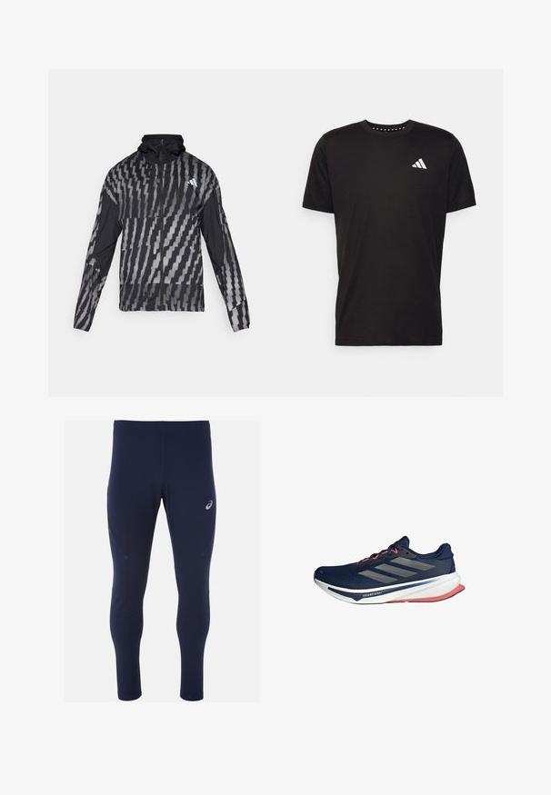 Lichte zwarte jas met een geometrisch wit patroon. Bevat een hoge kraag, volledige rits aan de voorkant en lange mouwen.; Zwarte katoenen t-shirt met korte mouwen, ronde hals en een wit logo op de linkerkant van de borst. Gladde textuur en eenvoudig ontwerp.; ASICS ROAD WINTER - Hardlooplegging - midnight; Marine hardloopschoen met mesh bovenwerk, drie zilveren strepen, rode accenten op veters en buitenzool, gevoerde witte tussenzool, lichtgewicht ontwerp.