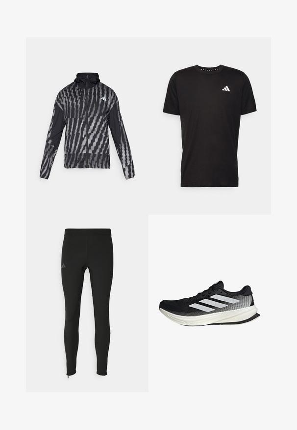 Lichte zwarte jas met een geometrisch wit patroon. Bevat een hoge kraag, volledige rits aan de voorkant en lange mouwen.; Zwarte katoenen t-shirt met korte mouwen, ronde hals en een wit logo op de linkerkant van de borst. Gladde textuur en eenvoudig ontwerp.; Zwarte sportleggingen met een aangesloten ontwerp, gemaakt van rekbaar materiaal. Kenmerkt een discreet logo en ritsen bij de enkels voor gemakkelijke aantrekking.; Zwarte sportieve schoen met een mesh ontwerp, voorzien van witte strepen, een ronde neus en een gestructureerde zool voor grip en ondersteuning.
