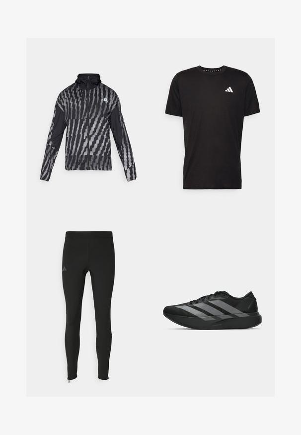 Giacca nera leggera con un motivo geometrico bianco. Include un colletto alto, zip frontale completa e maniche lunghe.; T-shirt in cotone nero con maniche corte, scollo rotondo e logo bianco sul lato sinistro del petto. Texture liscia e design semplice.; Leggings athletic neri con un design aderente, realizzati in materiale elasticizzato. Presentano un logo discreto e zip alla caviglia per facilitare l'indossamento.; Scarpe sportive nere con un design leggero, caratterizzate da tre strisce grigie prominenti, una superficie liscia e una suola sagomata.