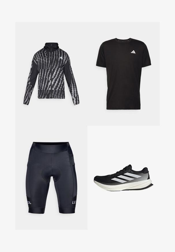 Kevyt musta takki, jossa on geometrinen valkoinen kuvio. Sisältää korkean kauluksen, täyden vetoketjun edessä ja pitkät hihat.; Musta puuvillapaita lyhyillä hihoilla, pyöreä pääntie ja valkoinen logo vasemmassa rinnassa. Sujuva rakenne ja yksinkertainen muotoilu.; Mustat pyöräilyshortsit, jotka on valmistettu joustavasta materiaalista. Ominaisuuksiin kuuluu pehmustettu istuinosuus ja "LE COOL" logo valkoisena vasemmassa alareunassa.; Musta urheilukengä, jossa on verkkomaisia yksityiskohtia, valkoiset raidat, pyöristetty kärki ja pintakuvioitu pohja pidon ja tuen tarjoamiseksi.