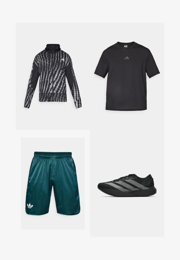 Leichte schwarze Jacke mit einem geometrischen weißen Muster. Enthält einen hohen Kragen, einen durchgehenden Reißverschluss und lange Ärmel.; Schwarzes Sport-T-Shirt aus atmungsaktivem Material, mit kurzen Ärmeln, rundem Ausschnitt und einem reflexiven Logo auf der Brust.; Tee-farbene Satin-Shorts mit elastischem Bund, Seitentaschen und dem weißen Adidas Trefoil-Logo auf dem linken Bein. Glatte Textur, knielanges Design.; Schwarze Sportschuhe mit einem leichten Design, ausgestattet mit drei auffälligen grauen Streifen, einer glatten Textur und einer konturierten Sohle.