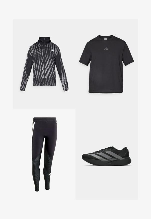 Lichte zwarte jas met een geometrisch wit patroon. Bevat een hoge kraag, volledige rits aan de voorkant en lange mouwen.; Zwart sport t-shirt van ademend materiaal, met korte mouwen, een ronde hals en een reflecterende logo op de borst.; Zwarte sportleggingen van een zachte stof met een getextureerd onderste gedeelte dat kleine witte stippen heeft. Inclusief zijzak en een contrasterend paneelontwerp.; Zwarte sportieve schoenen met een lichtgewicht ontwerp, voorzien van drie opvallende grijze strepen, een gladde textuur en een gevormde zool.