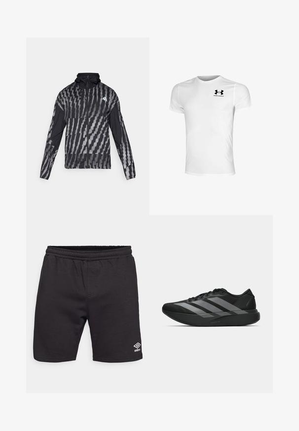 Chaqueta negra ligera con un patrón geométrico blanco. Incluye un alto cuello, cierre frontal completo y mangas largas.; Camiseta de manga corta blanca, hecha de un tejido transpirable, con un logo negro de Under Armour en el área del pecho izquierdo. Textura suave.; Pantalones cortos deportivos negros fabricados con una tela suave, con una cinturilla elástica y un pequeño logo blanco en la parte inferior de la pierna izquierda.; Zapatillas deportivas negras con un diseño ligero, que presentan tres franjas grises prominentes, una textura suave y una suela contorneada.