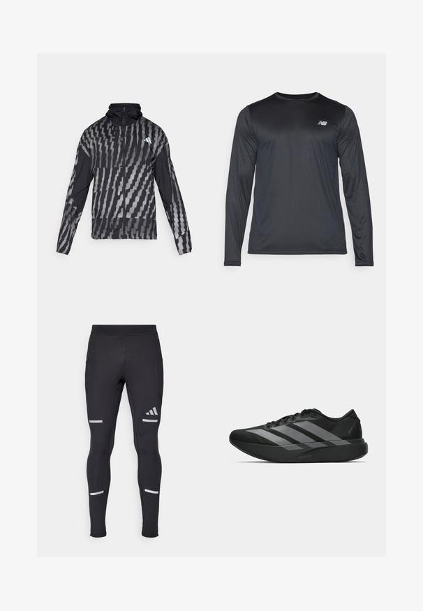 Lahka črna jakna s geometrijskim belim vzorcem. Ima visok ovratnik, poln zadrgo in dolge rokave.; Majica za šport z dolgimi rokavi v črni barvi, izdelana iz gladkega, lahkega blaga z rahlo teksturo. Ima majhen logotip na zgornjem levem delu prsnega koša.; Črne športne legice s prilegajočim dizajnom, narejene iz raztegljivega materiala. Imajo odsevne poudarke in zadrge na manšetah za funkcionalnost.; Crne atletske čevlje z lahkotno zasnovo, ki imajo tri izrazite sive črte, gladko teksturo in oblikovano podplat.