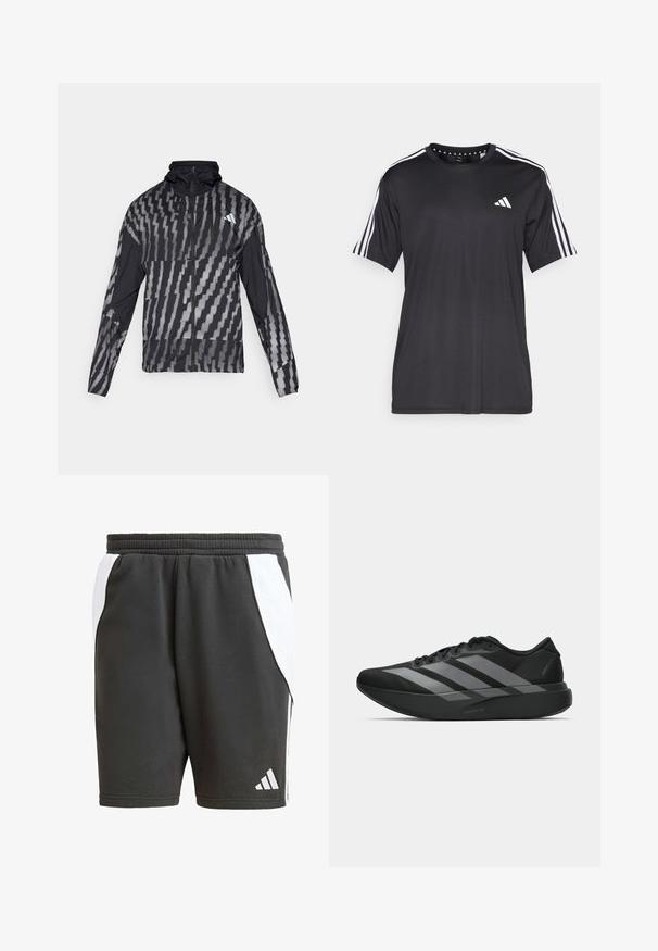 Viegls melns jaka ar ģeometrisku baltu rakstu. Iekļauj augstu apkakli, pilnu rāvējslēdzēju priekšpusi un garas piedurknes.; Melna īsām piedurknēm t-krekls ar baltu trīs svītru dizainu uz pleciem un logotipu uz krūškurvja. Izgatavots no elpojoša auduma, gluda tekstūra.; Melnas sporta šorti ar baltām sānu akcentiem, elastīgu jostu un Adidas logo baltā krāsā. Izgatavoti no gludas, vieglas materiāla.; Melni sporta apavi ar vieglu dizainu, ar trim izteiksmīgiem pelēkiem svītrām, gludu virsmu un kontūrveida zoli.