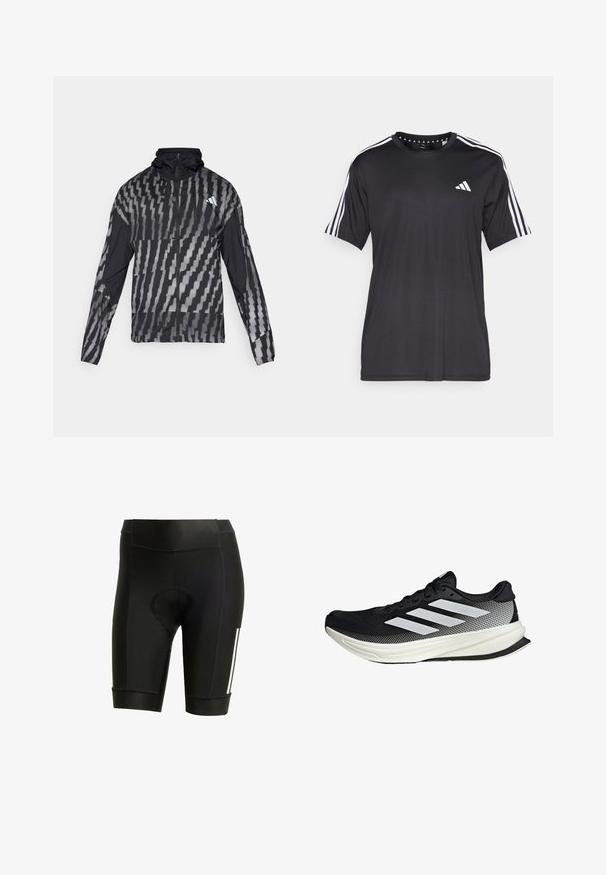 Kevyt musta takki, jossa on geometrinen valkoinen kuvio. Sisältää korkean kauluksen, täyden vetoketjun edessä ja pitkät hihat.; Mustavalkoinen, lyhythihainen t-paita, jossa on valkoinen kolmiraidallinen design hartioilla ja logo rinnassa. Valmistettu hengittävästä kankaasta, jonka pinta on sileä.; Mustat pyöräilyhousut, joissa on pehmustettu istuin, valmistettu venyvästä kankaasta. Ominaisuudet tyylikäs muotoilu valkoisilla raidoilla ja litteillä saumoilla.; Musta urheilukengä, jossa on verkkomaisia yksityiskohtia, valkoiset raidat, pyöristetty kärki ja pintakuvioitu pohja pidon ja tuen tarjoamiseksi.