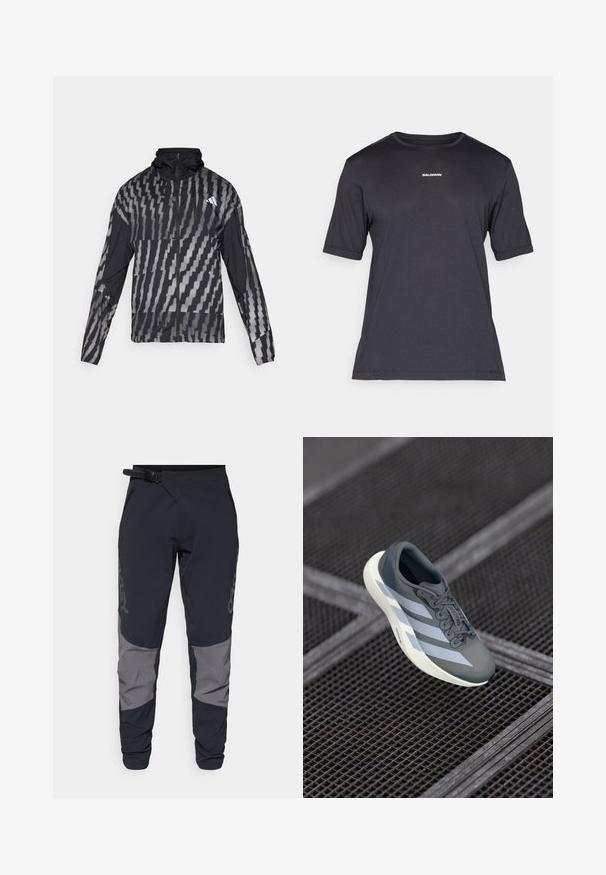 Lightweight black jacket featuring a geometric white pattern. Includes a high collar, full zip front, and long sleeves.; Black short-sleeve performance t-shirt made of breathable fabric, featuring a crew neckline and small white "SALOMON" logo on the chest.; Oakley MAVEN SCRUB PANT - Outdoor trousers - black/grey; Sport shoe in gray and white, made of synthetic material, with a streamlined design, textured finish, and prominent lacing system.