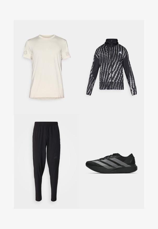 Lett svart jakke med et geometrisk hvitt mønster. Har høy krage, hel glidelås foran og lange ermer.; Björn Borg T-shirts med print - birch; Svarte treningsbukser med elastisk midje, smal design, sidelommer og subtil logo. Laget av fleksibelt, pustende stoff.; Sorte svarte treningssko med lett design, med tre fremtredende grå striper, en glatt tekstur og en formet såle.