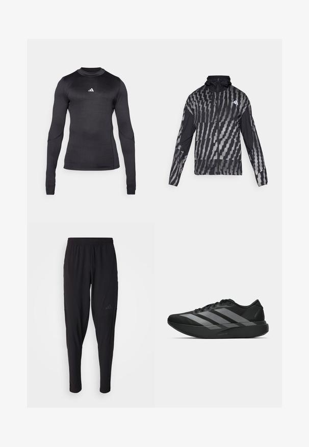 Lengvas juodas švarkas su geometriniu baltu raštu. Su aukšta apykakle, pilnu užtrauktuku ir ilgomis rankovėmis.; Juodas ilgomis Rankovėmis sportinis marškinėliai, turintys slim fit siluetą, apvalų iškirpimą ir baltą Adidas logotipą ant krūtinės. Lygus, elastingas audinys.; Juodos sportinės kelnės su elastinga juosmeniu, siaurėjantis dizainas, šoninės kišenės ir subtilus logotipo detalė. Pagamintos iš lankstaus, kvėpuojančio audinio.; Juodos sportinės avalynės, lengvos konstrukcijos, su trimis aiškiomis pilkomis juostomis, lygiu paviršiumi ir kontūrine padu.